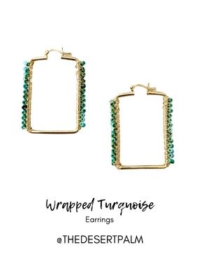 Gold Wrapped Turquoise Rectangle Hoop Earrings